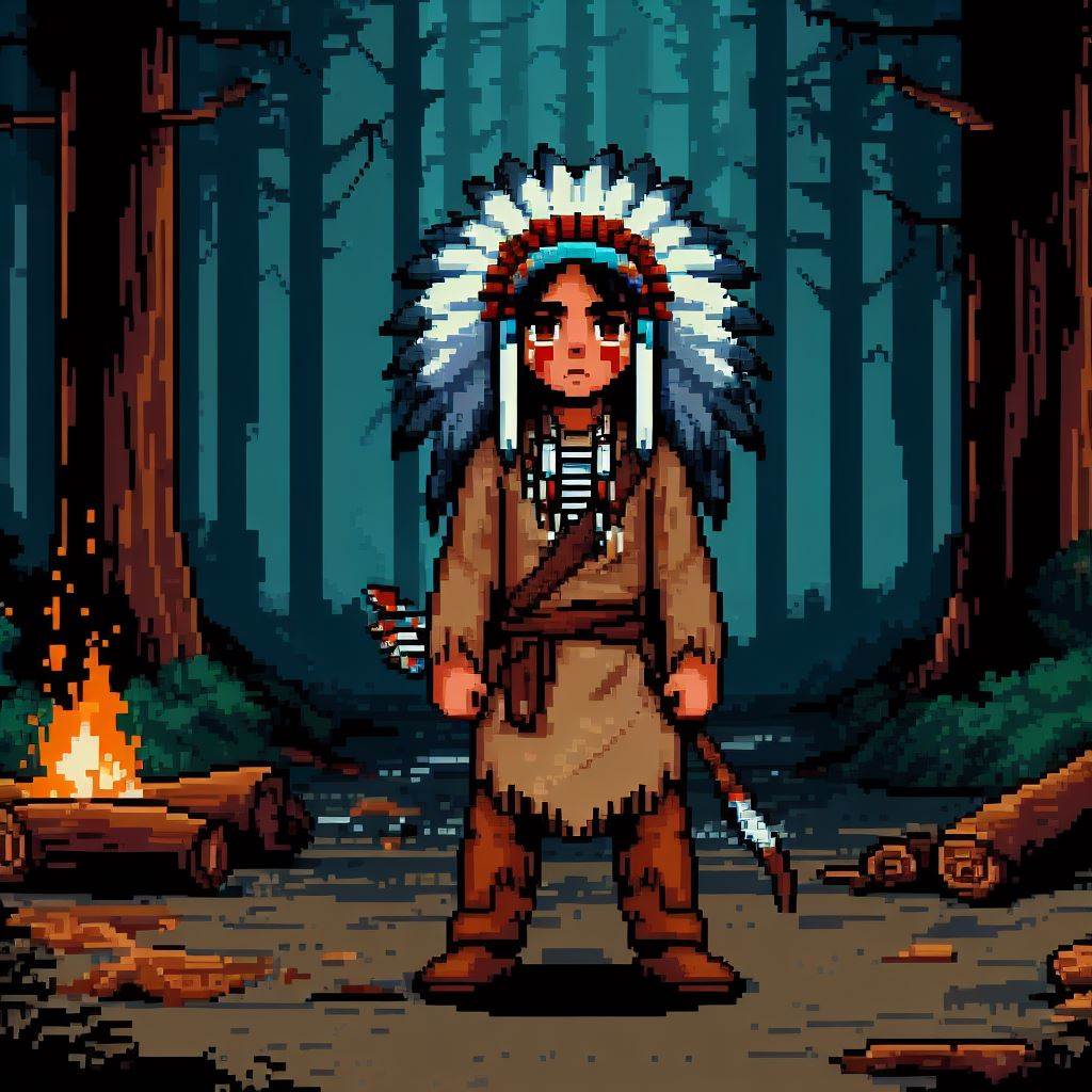 Pixel art Algonquin boy standing in the forest