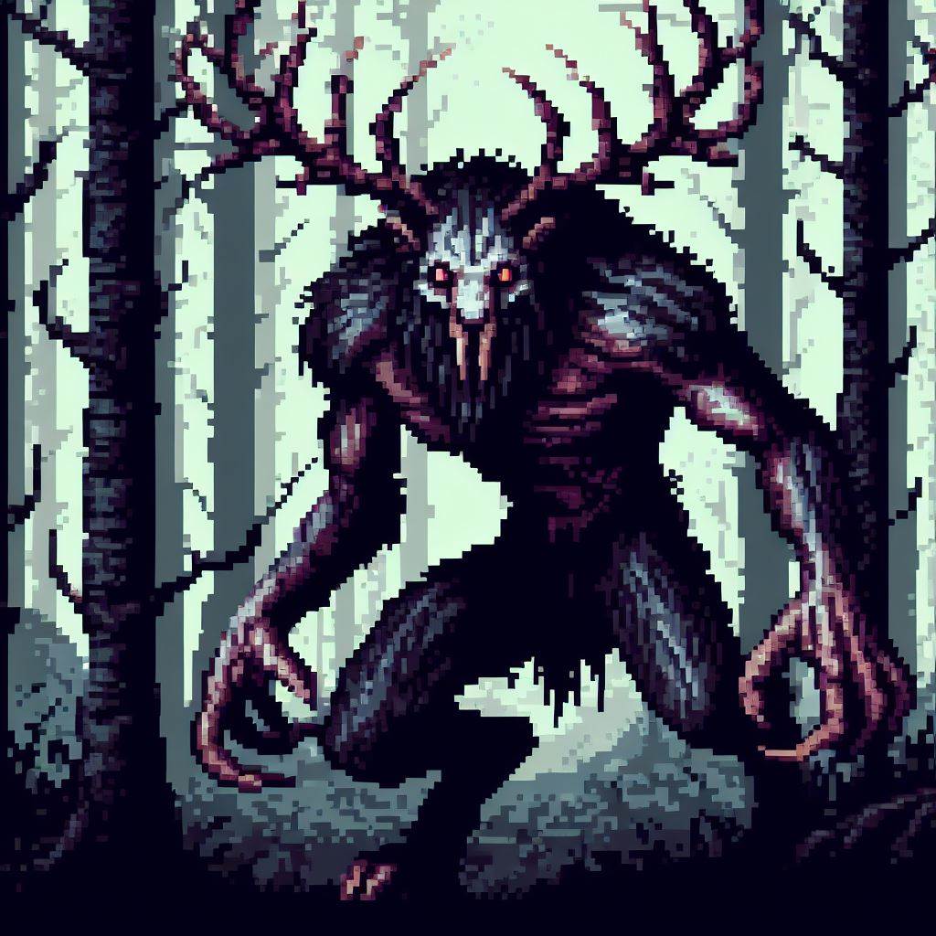 Pixel art Wendigo standing in the forest